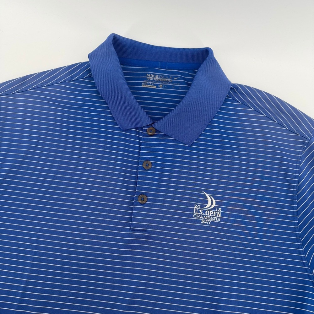 Nike Golf Mens XL Blue Striped 2015 US Open Chambers Bay Dri-FIT Polo Shirt